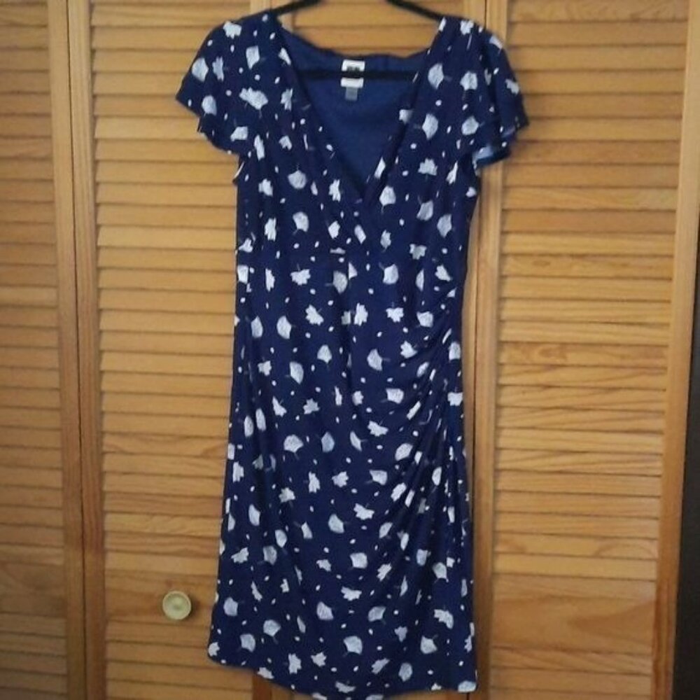 Anne Klein Navy White Leaf Print Faux Wrap Cap Ruffle Sleeve Dress Size 10